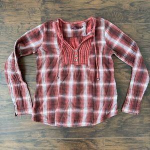 Prana Womens Red Plaid Pull Over Blouse Francine Long Sleeve
